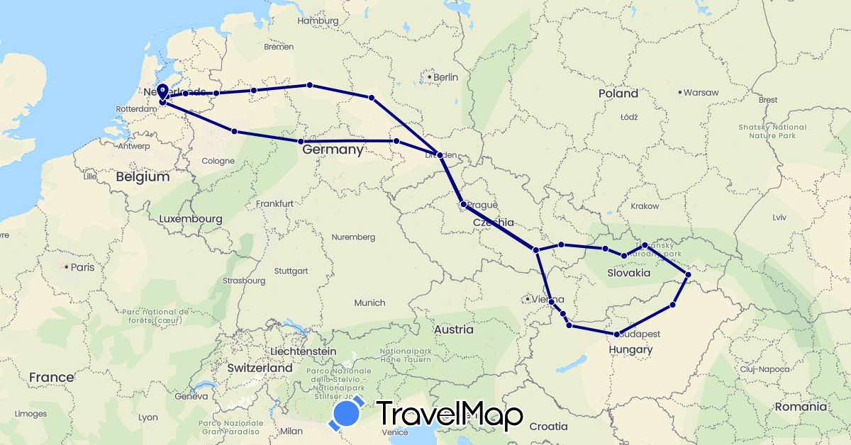 TravelMap itinerary: driving in Czech Republic, Germany, Hungary, Netherlands, Poland, Slovakia (Europe)